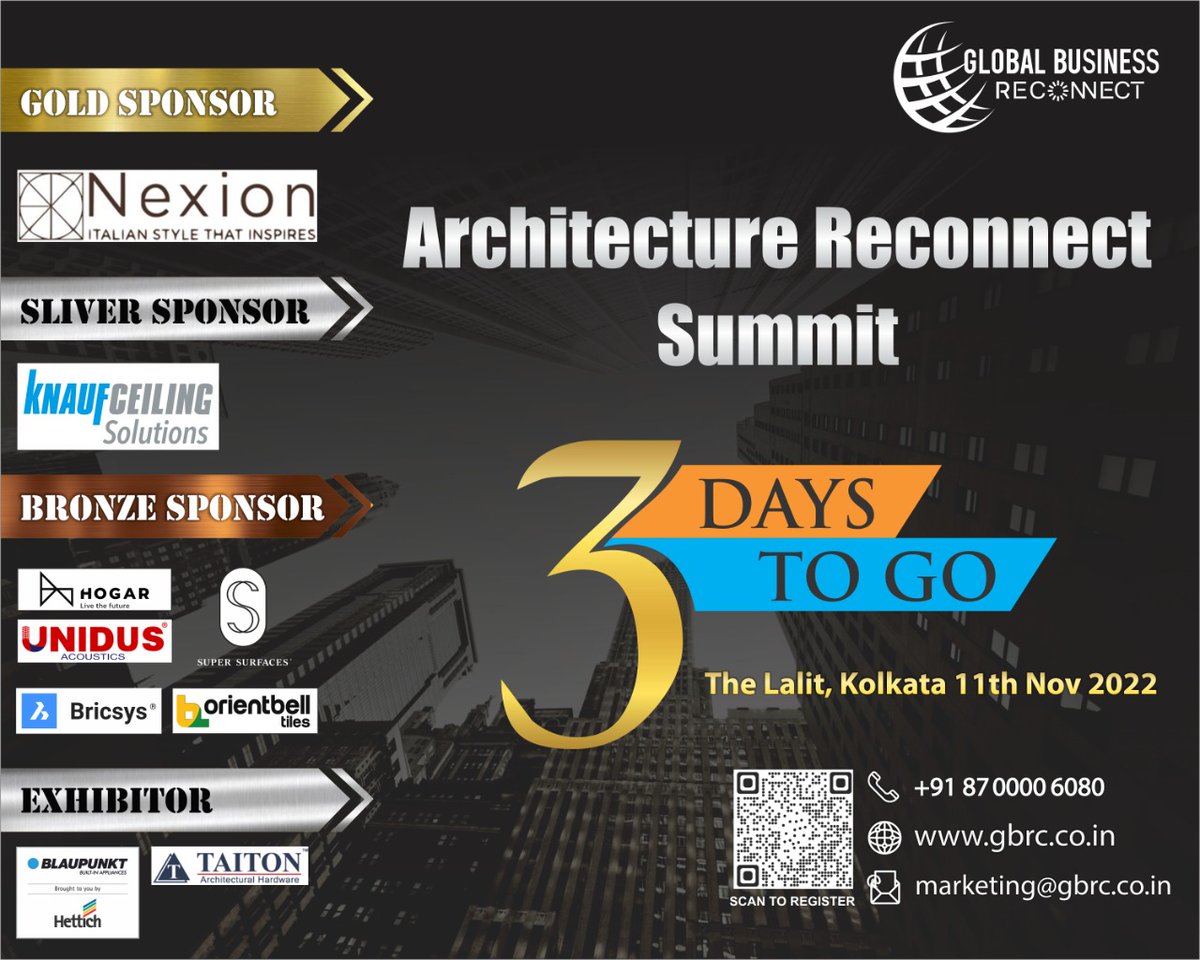ONLY THREE DAYS TO GO....
See you at Architecture Reconnect Summit-Kolkata on 11th November at The Lalit.
#architecturereconnectsummit #nexion #knauf #hogar #unidus #bricsys #orientbell #supersurfaces #taiton #hettich #ars #gbrc #globalbusinessreconnect #Architectureconference