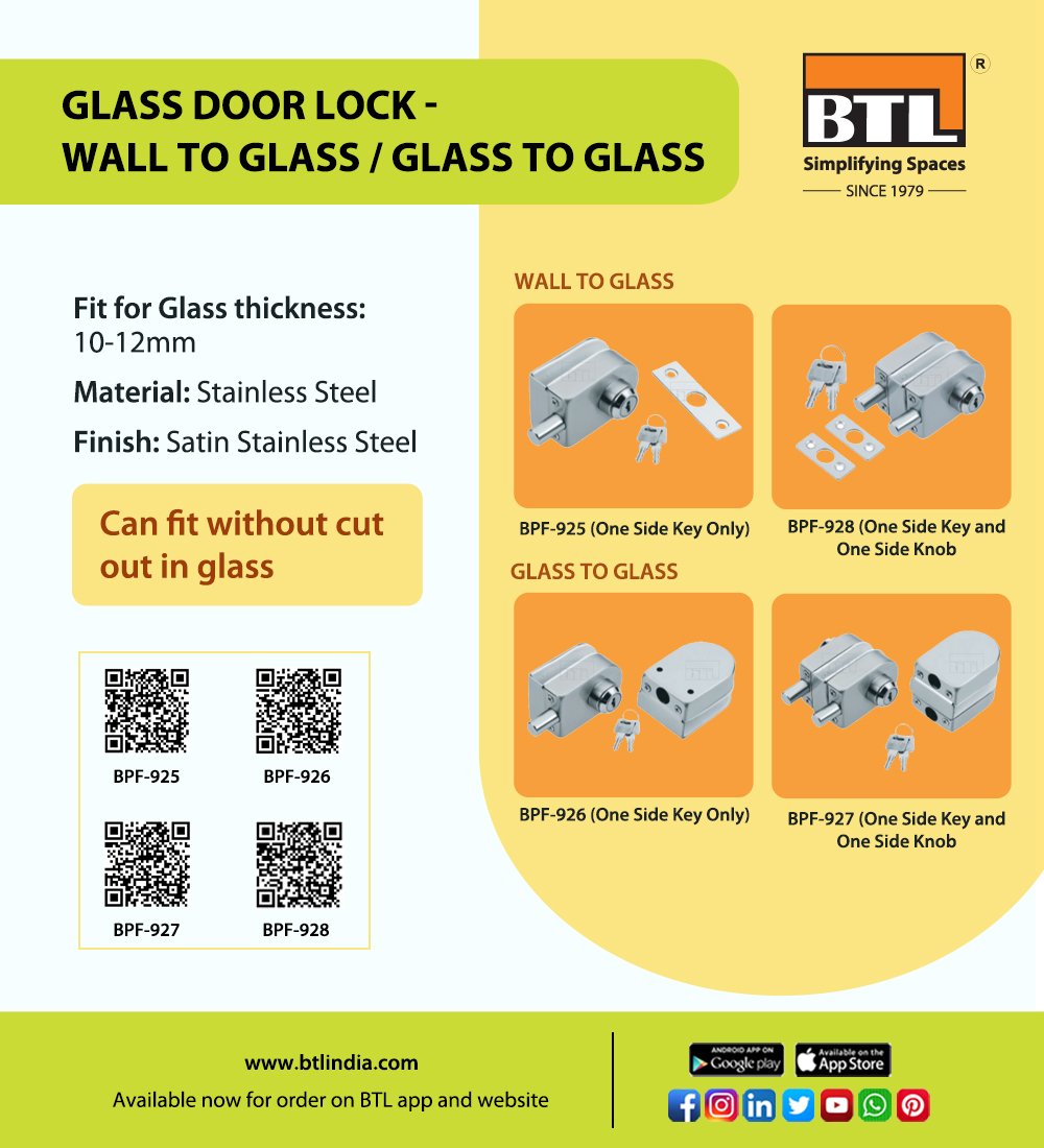 Glass door locks for glass doors with locking systems with glass and wall. Options to choose from one side key only or one side key and one side knob. These door locks can be fitted without cutting out glass. Details here: btlindia.com/product/glass_…
#glassdoorlock #btl #btlindia