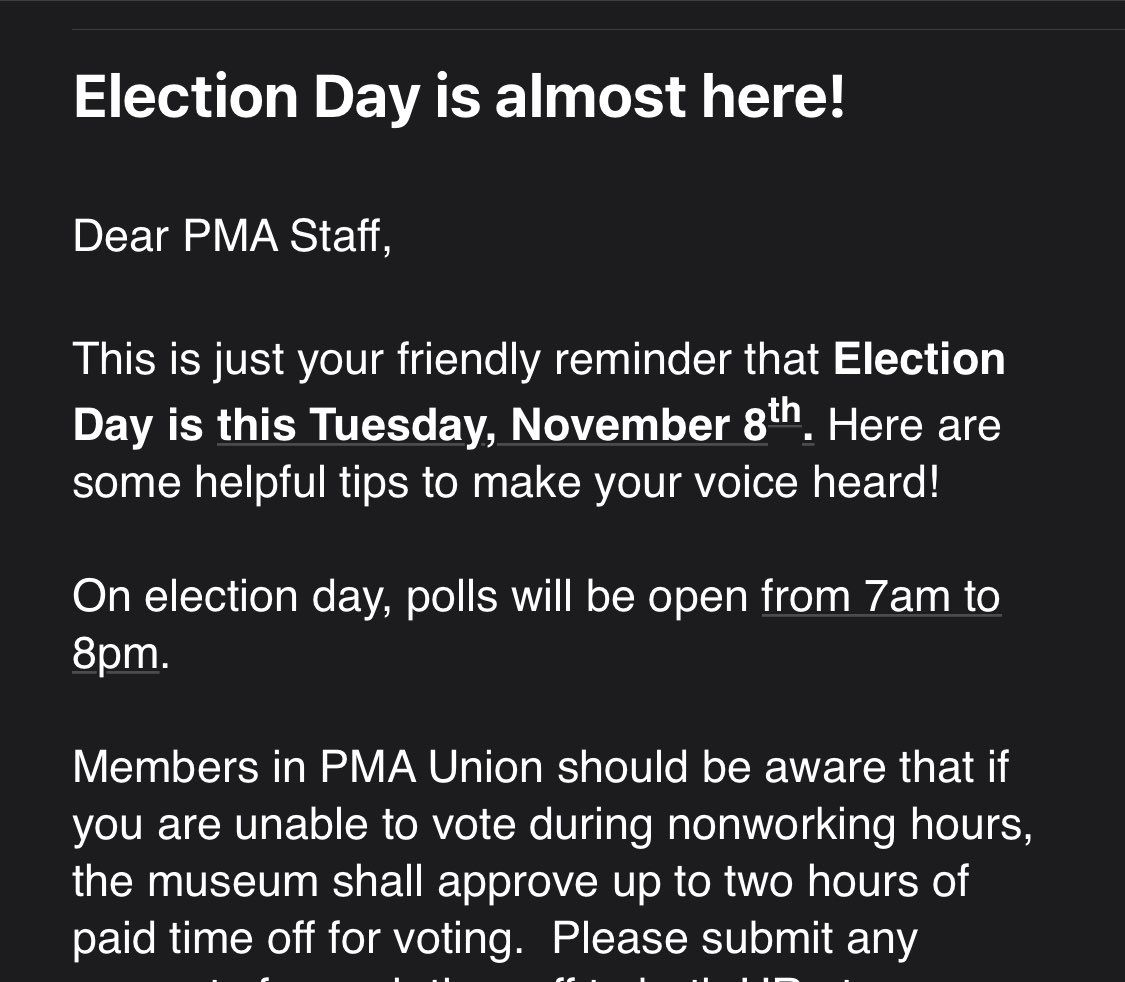 I wish we could have won a full paid holiday for Election Day in our <a href="/PMA_Union/">PMA_Union</a> contract BUT we got 2 hours release time &amp; <a href="/philamuseum/">Philadelphia Museum of Art</a> workers will benefit from it! #GetOutTheVote Also, I have some ideas for our next contract already! <a href="/PHLafscmeDC47/">AFSCME District Council 47</a> <a href="/cwuafscme/">AFSCME Cultural Workers United</a> <a href="/AFSCME/">AFSCME</a>
