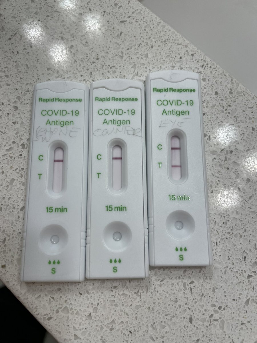 Some may consider this in bad taste, but since I have COVID, I thought I’d do some experiments. From left to right:  My iPhone screen and two light switches I use a lot; my bathroom counter after doing a saline nasal rinse; tears from my eyes after I sneezed.