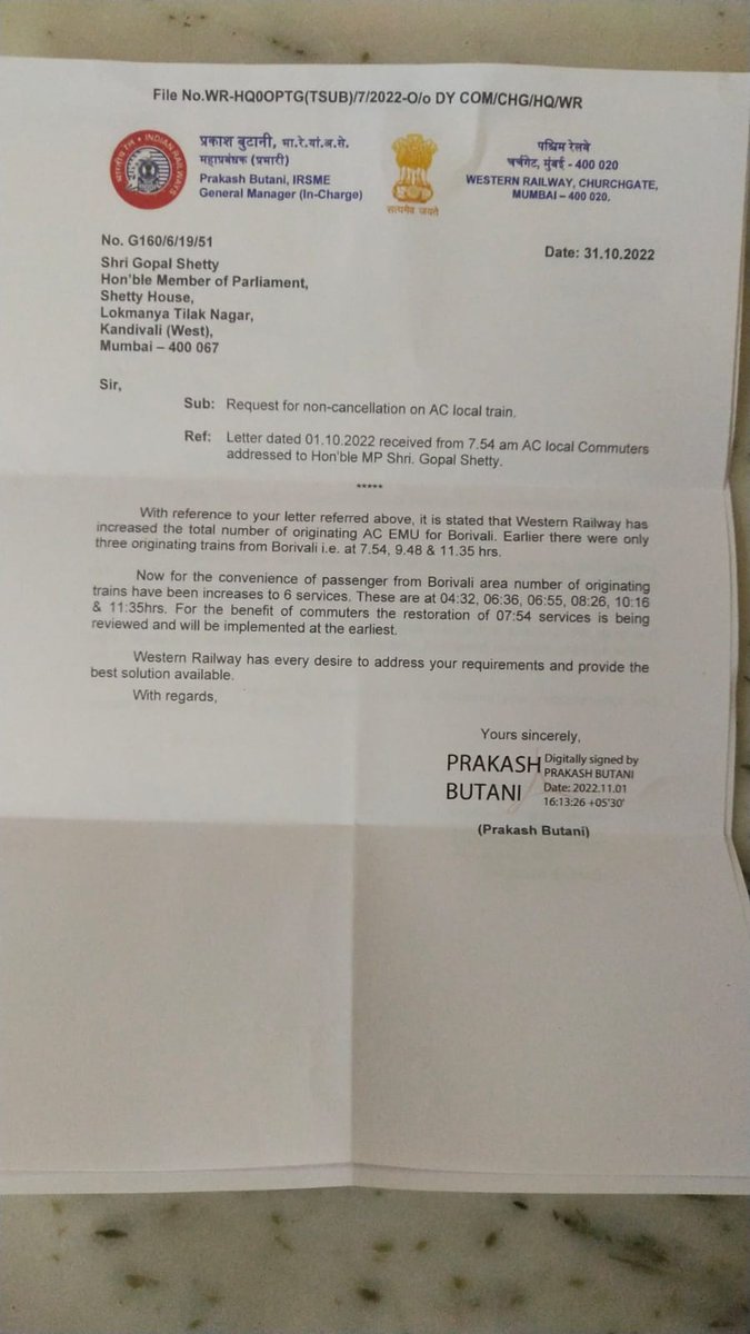 Amarbjym's tweet photo. Reply 2 MP @iGopalShetty Rcvd Frm GM Prakash butani ji  regardin D restoration of Aclocal 7.54 am  Assured restoration Is Reviewed n Implemented Soon . Request  2do needful earliest Routine Of 3500 Borivalikars Is Disturbed @RailMinIndia @AshwiniVaishnaw ji @raosahebdanve ji https://t.co/O1II12N8eS