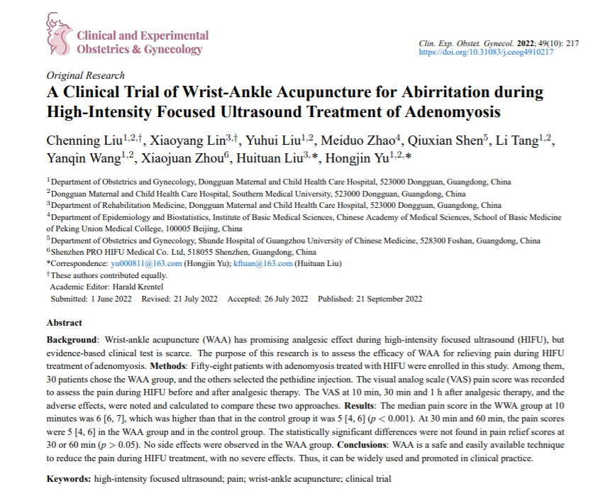 CEOGjournal's tweet photo. #IMR_Press #CEOG #Volume49 #Issue10
"A Clinical Trial of Wrist-Ankle Acupuncture for Abirritation during High-Intensity Focused #Ultrasound Treatment of #Adenomyosis", just published!
Free full text to read & share:
https://t.co/7G2CvEHxNr https://t.co/gpvxYFeS5O