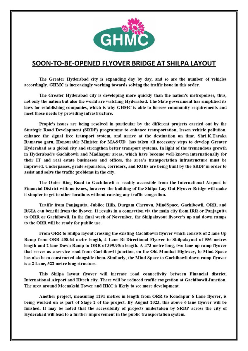 CommissionrGHMC's tweet image. Soon to be open Flyover Bridge at Shilpa Layout (1/2)