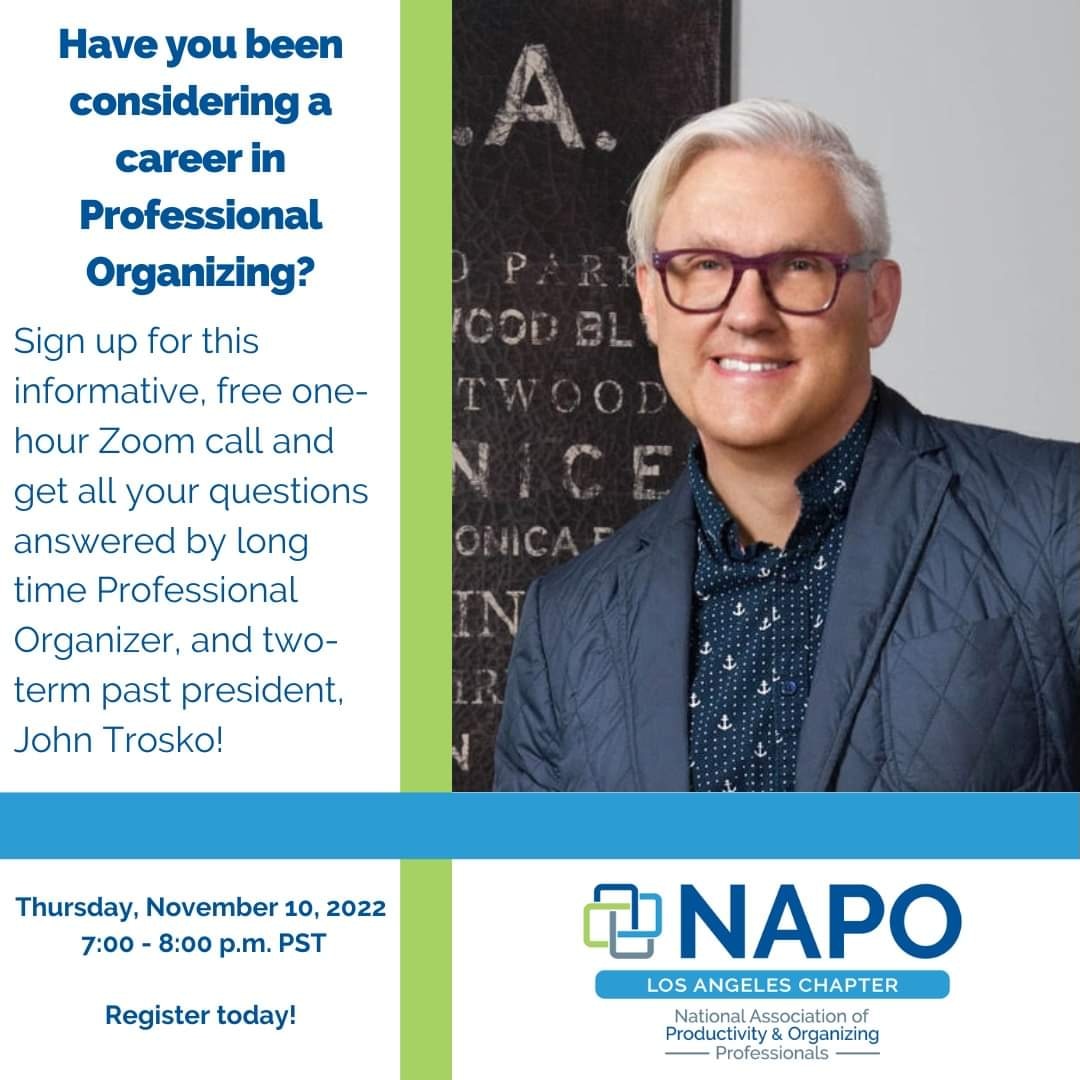 If you're a new professional organizer or know someone wanting to get into the profession, join @NAPOLosAngeles for a special Zoom call featuring yours truly! November 10, 7-8pm Pacific Time. The event is free, you just have to register.  napola.org for sign-up.