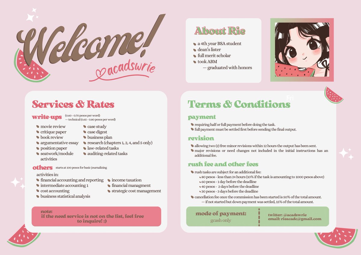 ˚⁀➷ hola, it’s rie, a ghostwriter and an aspiring accountant!
i am here to assist you with your schoolworks. if you need help, do not hesitate to message me. 💖

see the attached photo for more info.

📌 check #commsbyriri for feedbacks.