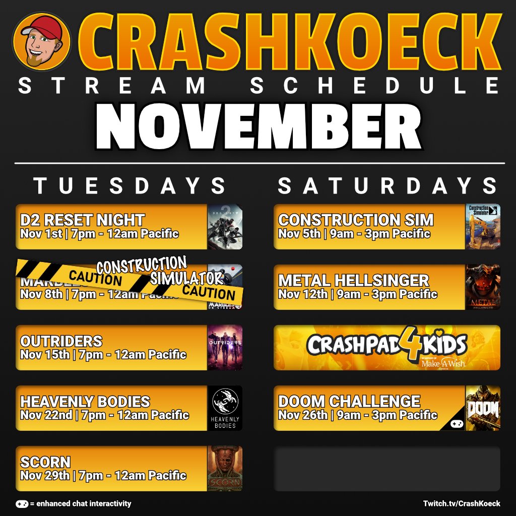 CrashKoeck's tweet photo. Schedule update!

I am certain if I try to do Marbles on Stream tomorrow night, I'll lose my voice for the month. So instead, Construction Simulator!

Plus, don't forget about @CrashPad4Kids on the 18th, 19th, and 20th with lots of cool prizes for streamers and donors! https://t.co/mhem9veAT8
