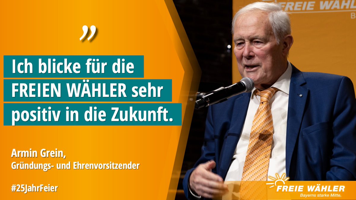 fw_bayern's tweet photo. 🍾 25 Jahre Wählergruppe #FREIEWÄHLER Bayern 🧡
Und es geht weiter: Noch stärker werden und #Bayern vor politischem Chaos schützen! 💪
Unser Gründungsmitglied, Armin Grein, betonte: "Ich blicke für die FREIEN WÄHLER sehr positiv in die Zukunft.“ 🤩👍 #Jubiläum #AnpackenFürBayern https://t.co/8NM6Fv9oQH