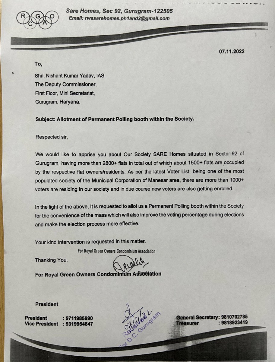 Praveenmalik86's tweet photo. We at SARE Homes Society Sector-92, GGN having 1500 flats occupied out of total 2800+ with 1000+ registered votes (Increasing also) hence we requested the @DC_Gurugram to make a permanent #polling_booth with in our society.

@ECISVEEP @DEEPAKKAHUJA @RaoJSinghTOI @nishantyadavIAS https://t.co/1dk8qb1xmC