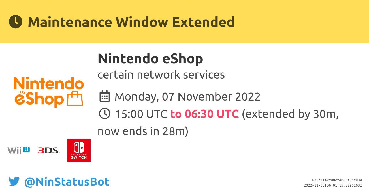 NinStatusBot on Twitter "[Maintenance Window Extended] The maintenance window for "Nintendo