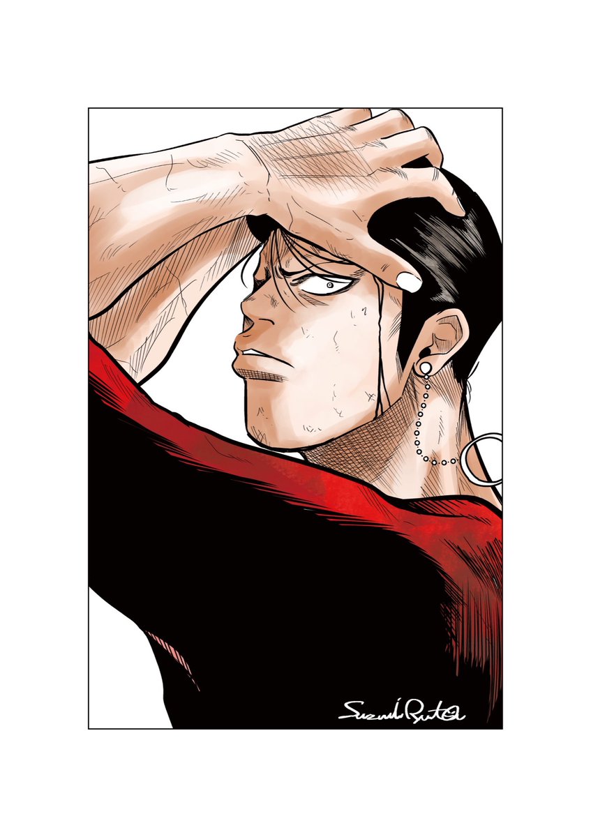1boy male focus solo black hair shirt jewelry red shirt  illustration images