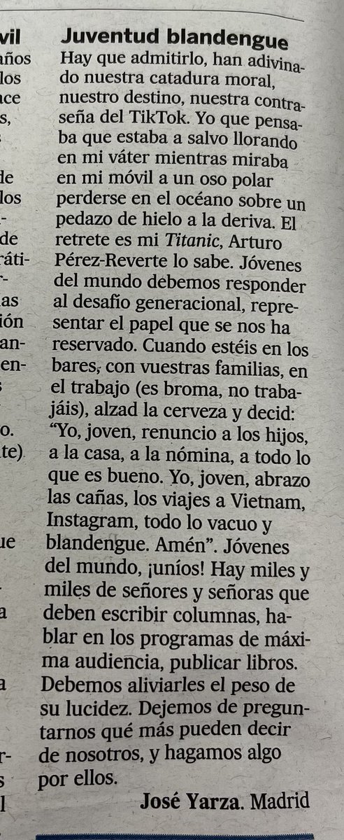 “Yo, joven, renuncio a los hijos, a la casa, a la nómina”

Esta carta a la directora de El País sobre la “juventud blandengue” 👇🏽