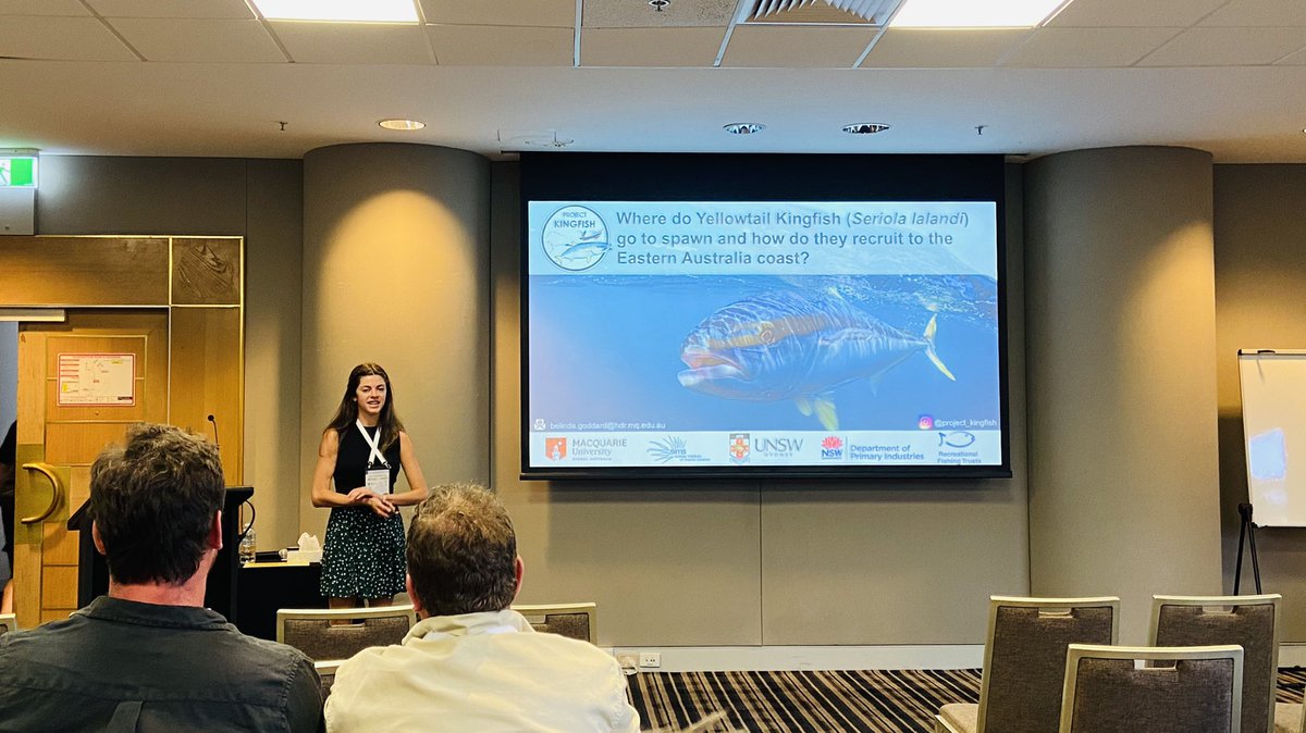 FabriceJaine's tweet photo. Great talk by @belinda_goddard sharing preliminary findings on yellowtail kingfish connectivity between fisheries jurisdictions off southeast Australia and plans for her PhD as part of #ProjectKingfish #ASFB2022 https://t.co/G0EHs6tpTf