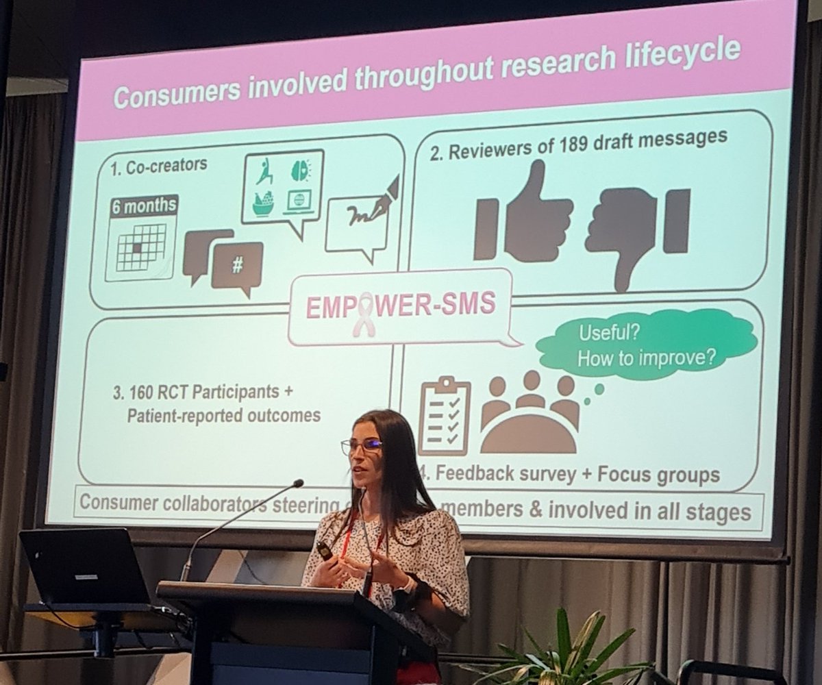 ShakiraOnwuka's tweet photo. Anna tells us about her breast cancer trial, EMPOWER-SMS. Texting patients is quite effective and acceptable, especially when you co-design them. Love that her participant Ms Robyn Kelly could share how it helped her 💘 @ACTA_org #ACTAASM @DrAnnaSingleton https://t.co/4r9wQ9FHzu