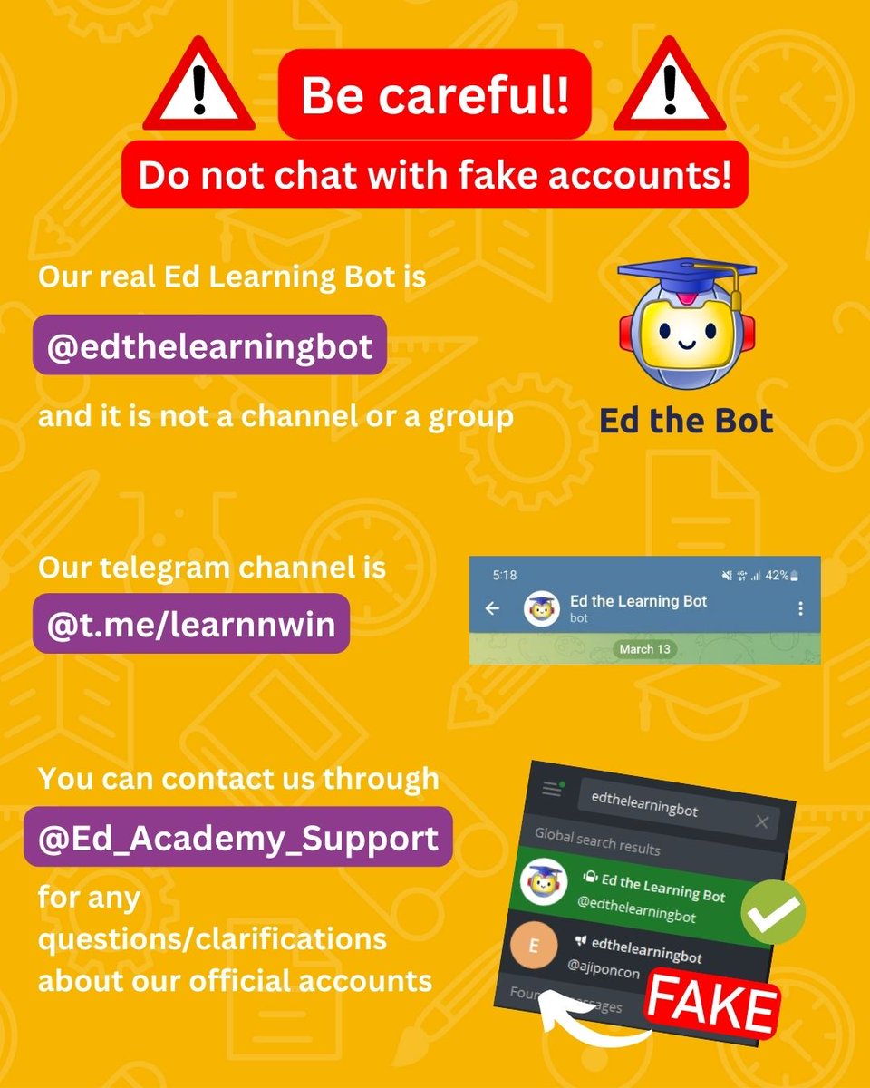 Please beware of circulating Ed The Learning Bot fake accounts on Telegram!

Check out the post above to distinguish our OFFICIAL Ed The Learning Bot from the FAKE account!

#edthelearningbot #solveeducation #chatbot