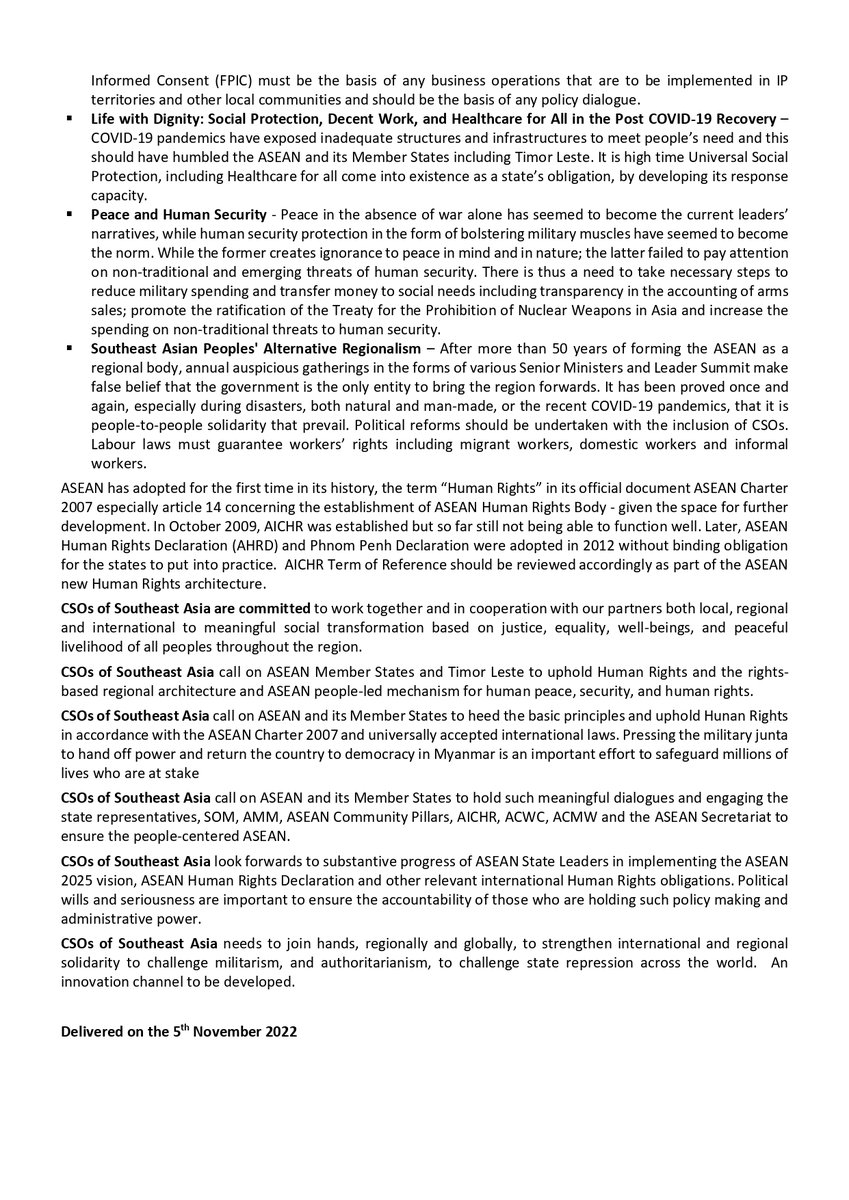 The statement of the ASEAN People's Forum 2022 with the theme: Defending &amp; Asserting SEA Peoples Civic Space, Democracy, and Human Rights Towards an Equitable and Just Society, was finally released today. 

Full statement: bit.ly/3UkQCHb