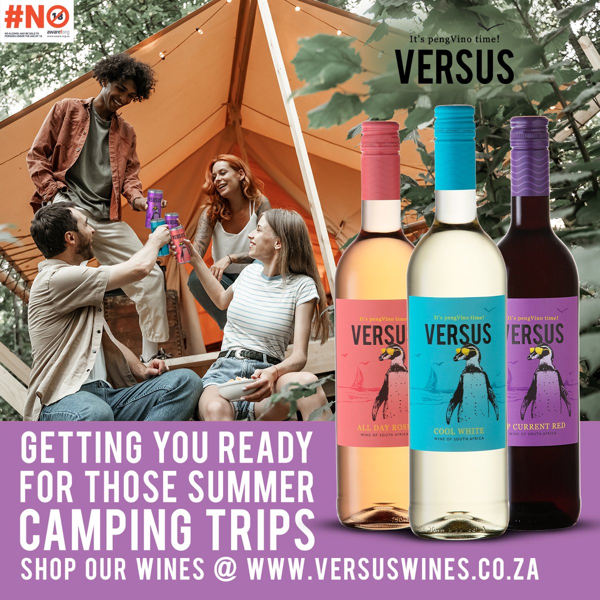 Going camping? Then don’t forget to pack your Versus Wines! These wines are as outdoorsy as penguins – and perfect for those social campsite gatherings!
Order online: versuswines.co.za 
#versus #versuswines #summertime #summerwines #camping #campingwines #campwithversus