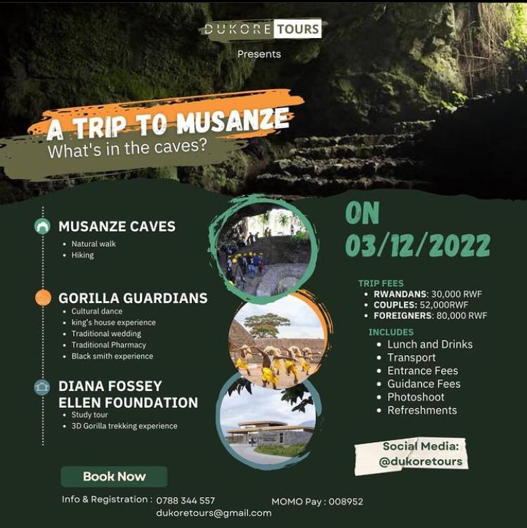 DukoreTours's tweet photo. The wait is over🥳
Join us on 3/12/2022 as we go find out “what’s in the caves “ of Musanze. Tell a friend to tell a friend and let’s enjoy this adventure.
#VisitRwanda  #adventure #travel #tours #remarkablerwanda https://t.co/O6BEnhif50