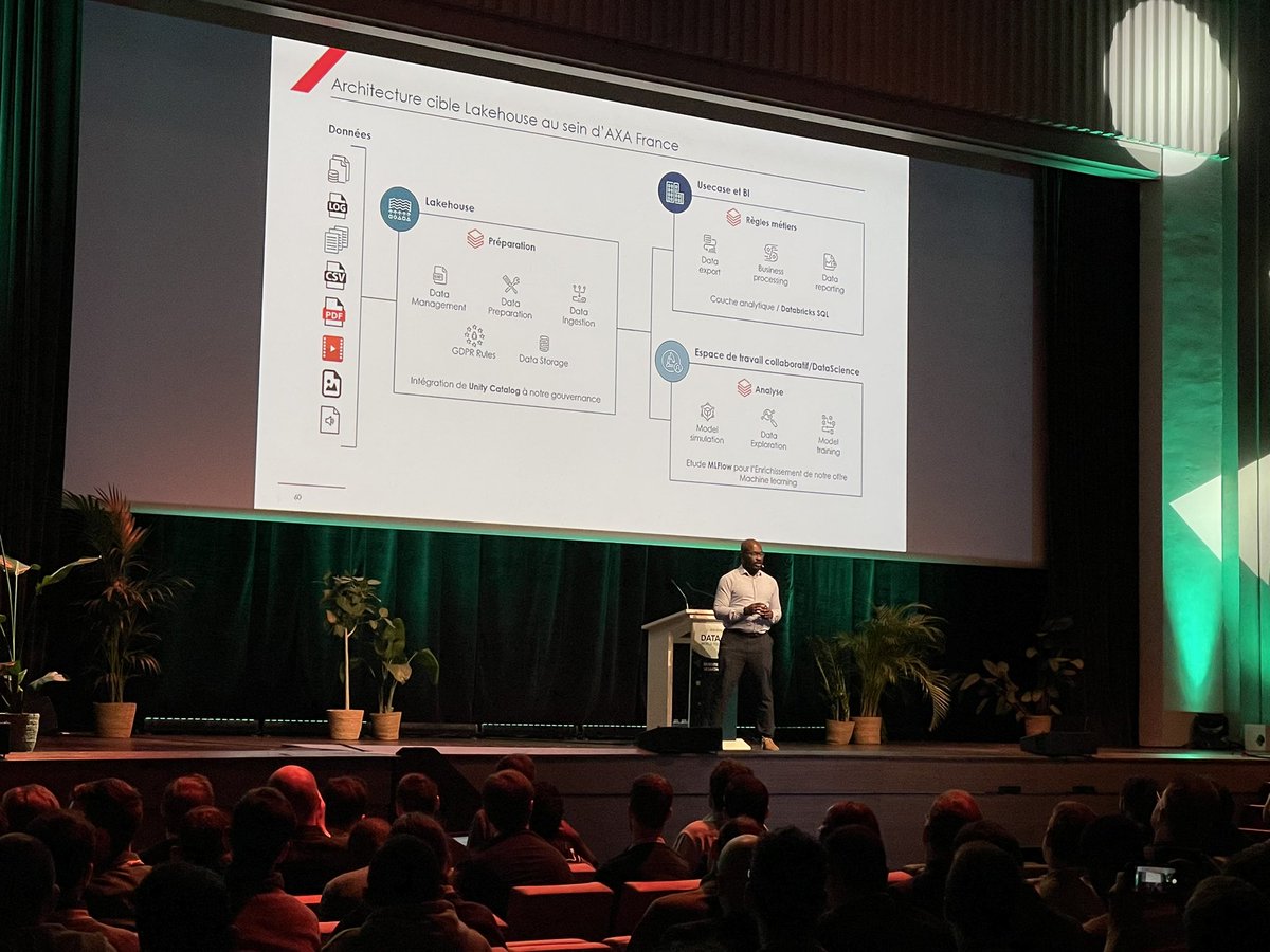 A_Mackreth's tweet photo. Cédric Kassi of @AXAFrance shares how a lakehouse can solve the most complex #data challenges here at the @databricks #DataAIWorldTour #Paris @Data_AI_Summit https://t.co/eXzb992lnI