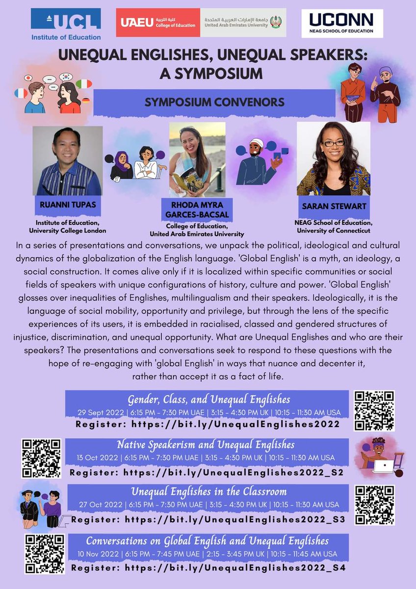 TupasRuanni's tweet photo. FINAL SESSION of #UnequalEnglishes, Unequal Speakers symposium to be held on 10 November, Thursday, 6:15 โ 7:45 UAE time. The session theme will be "Conversations on Global English and Unequal Englishes."
Registration link: https://t.co/A5EP0sxf1D https://t.co/X39AnNqaBD