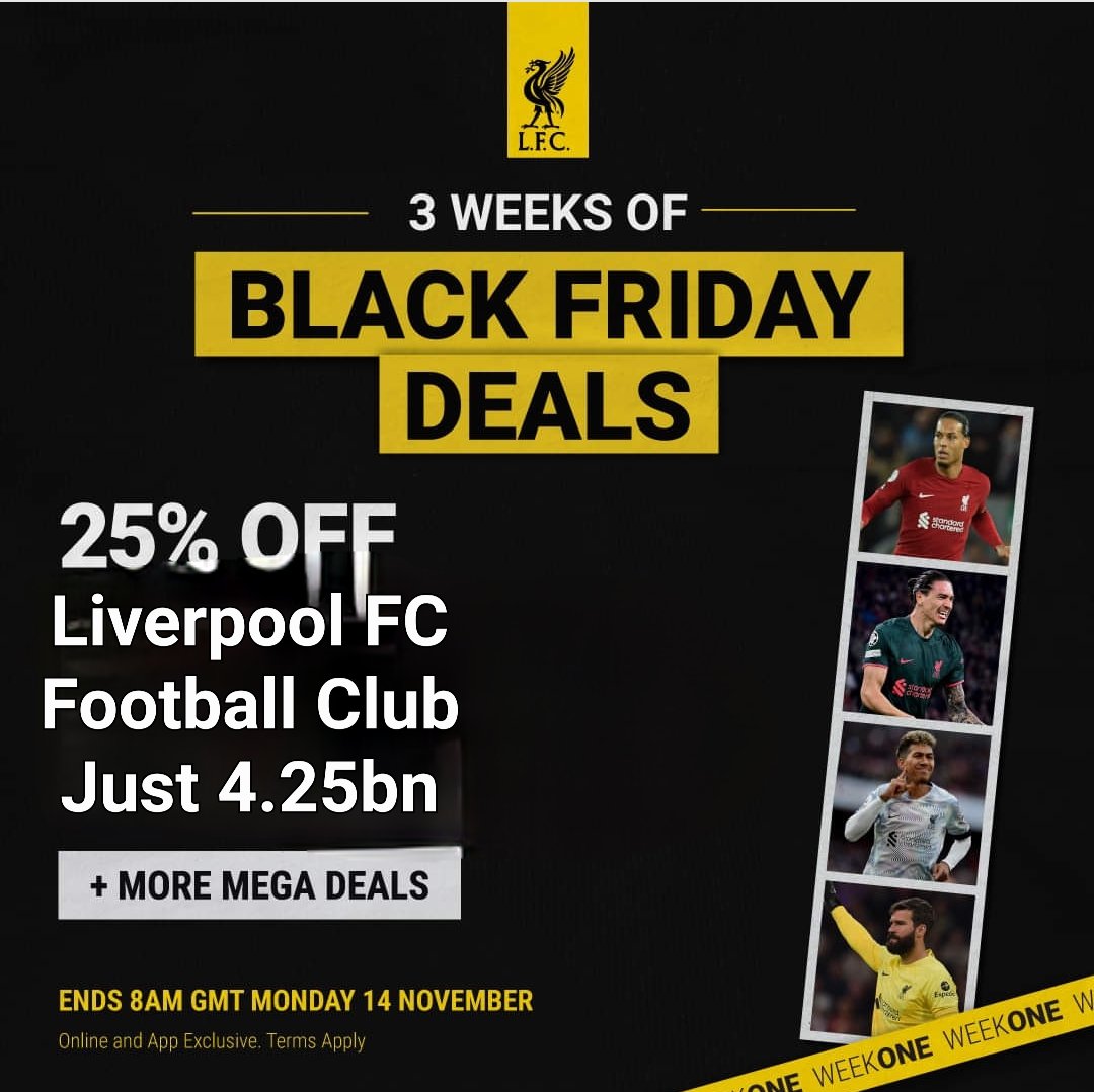 lordtiktokuk's tweet photo. Found this great #blackfriday deal #liverpoolfc #forsale #lfcforsale @elonmusk #elonmusk https://t.co/82JCEBLyW4