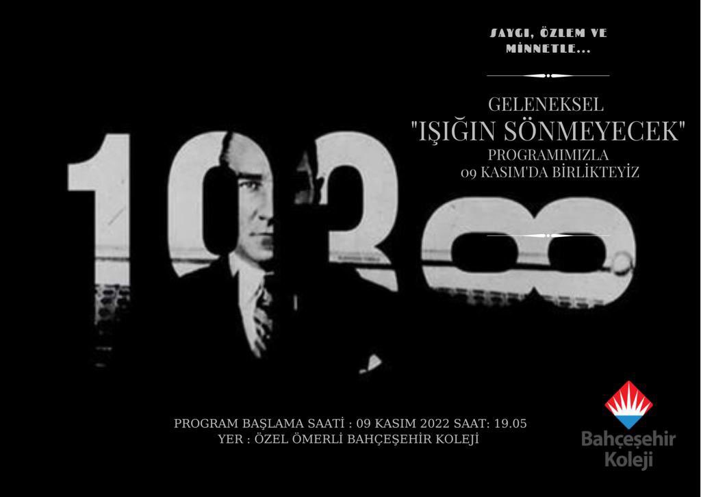 Geleneksel Atatürk’ü Anma etkinliğimiz “Işığın Sönmeyecek”9 Kasım çarşamba akşamı 19.05 itibarı ile başlayacaktır.
9 Kasım 21.05’te ilk pedal çevrilmeye başlanacak ve Mustafa Kemal Atatürk imzasını 10 Kasım 09.05’e kadar aralıksız pedal çevirerek aydınlatacağız.
#bahcesehirkoleji