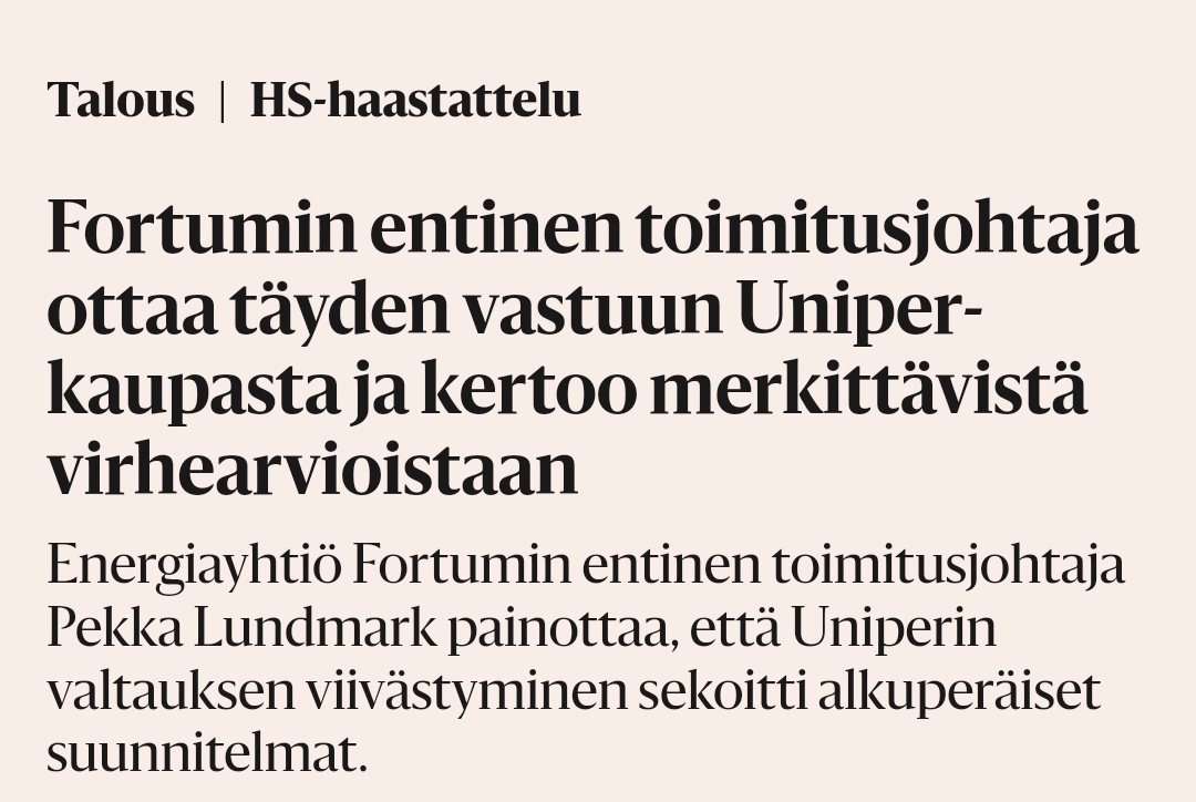 Silmiini tarttui Fortumin entisen toimitusjohtajan Lundmarkin haastattelu. Esitetyt väitteet asettavat nykyisen toimitusjohtajan näkemykset osin outoon valoon ja paljastavat lisää Fortumin geopoliittisesta "osaamisesta". Analyysin vuoro. 

Fortum ja riskit-lanka, osa 2. 1/ 🧵