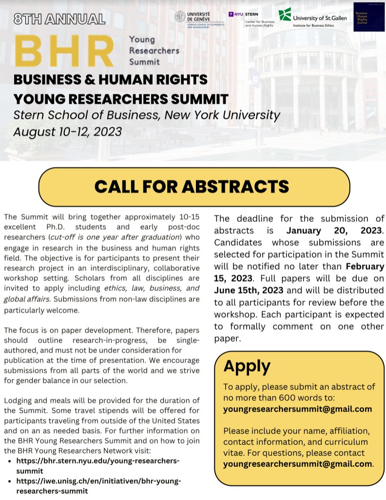 DoroBauPau's tweet image. The #BHR_YRS is coming back to @NYUSternBHR !
Emerging #BizHumanRights scholars: apply!
@bhrwettstein @BHRJournal @PRMESecretariat @gbsnonline @sbeonline