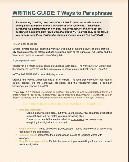 "اعادة الصياغة" Paraphrase  من المهارات المهمة في #الكتابه_الأكاديميه ،الملف الاول يشرح لك مراحل و تقنيات إعادة الصياغة مع أمثلة.و الملف الثاني يقدم ٧ طرق لاعادة الصياغة
الملف ١:
shorturl.at/fitX8
الملف٢ (7 Ways to paraphrase)
shorturl.at/lqyz2

<a href="/nori2009int/">A-CADEMIA</a>