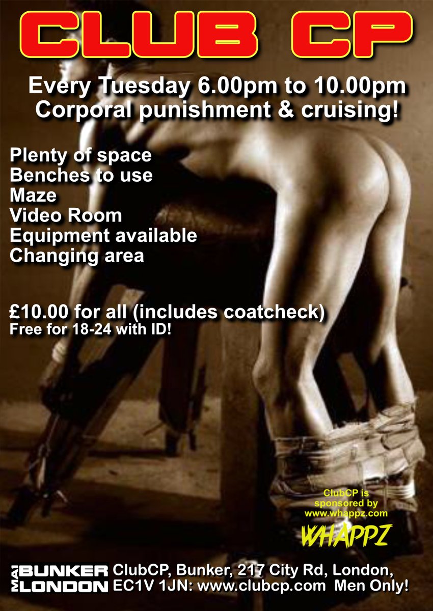 Need a good spanking or just call in for a cruise? It's up to you! Equipment to use. Plenty of space. Free coatcheck! No dresscode either. Five minutes from Old Street Station in Zone 1. See clubcp.com