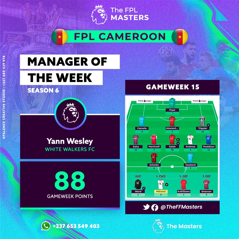 TheFFMasters's tweet photo. Manager of The Week - MOTW 🏆
Season 6

Congratulations to Yann Wesley, manager of White Walkers FC  for winning our Manager of the Week (MOTW) award for Gameweek 15 with 88 points.

Congratulations once more!
#TheFFMasters
#FPLCommunity https://t.co/7AlR9BJ9rR