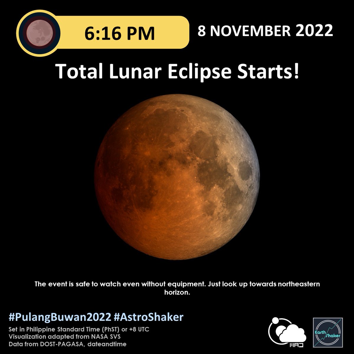 earthshakerph's tweet photo. THE TOTAL LUNAR ECLIPSE BEGINS
Nagsimula na, #AstroShaker!
#PulangBuwan2022
#TotalLunarEclipse2022
#AstroShaker
#WeLookUpAsOne https://t.co/Z7xICysnUf