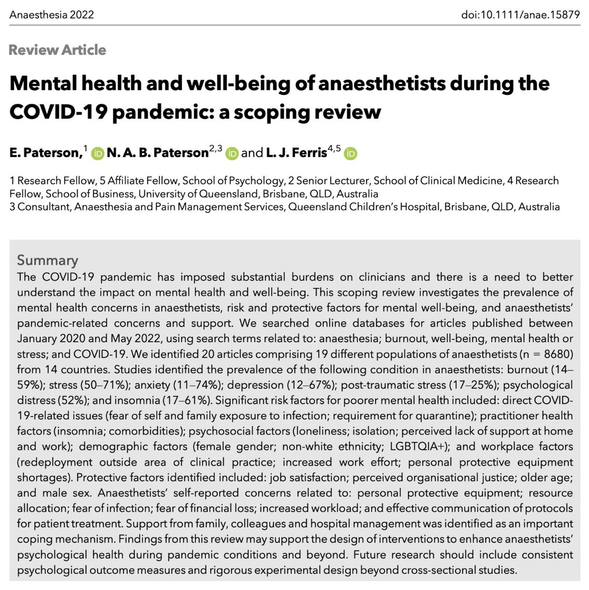 Anaes_Journal's tweet photo. 🔐Mental health and well-being of anaesthetists during the COVID-19 pandemic: a scoping review.

This great new paper from @Laura_J_Ferris is now #OpenAccess and #FreeForever!

🔗https://t.co/tggp6pVYEF https://t.co/839bhHpABB