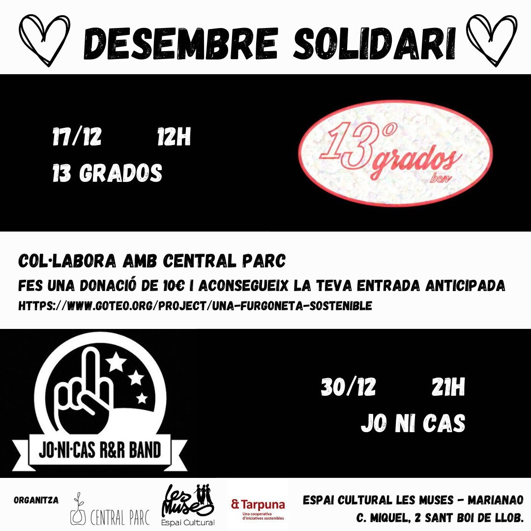 Ja podeu aconseguir la vostra entrada als concerts solidaris organitzats per Central Parc i @lesmusessb, un desembre ple de música solidària per col·laborar amb la recaptació per aconseguir una furgoneta de baixes emissions. 
Us necessitem, ajude'ns!!!
