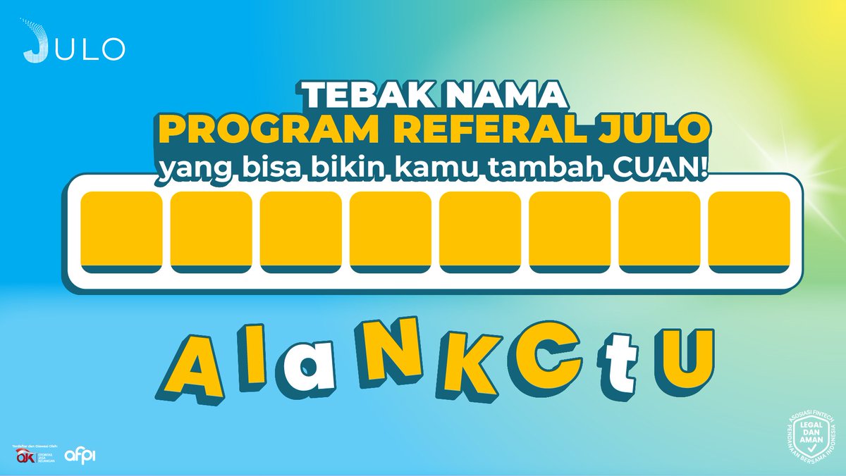 Jangan kaget!🤯Ada program referal JULO yang punya hadiah bejibun!!🎁🎁🎁Hayoo tebak apa nama programnya🤔Tulis dibawah yaa 👇👇👇