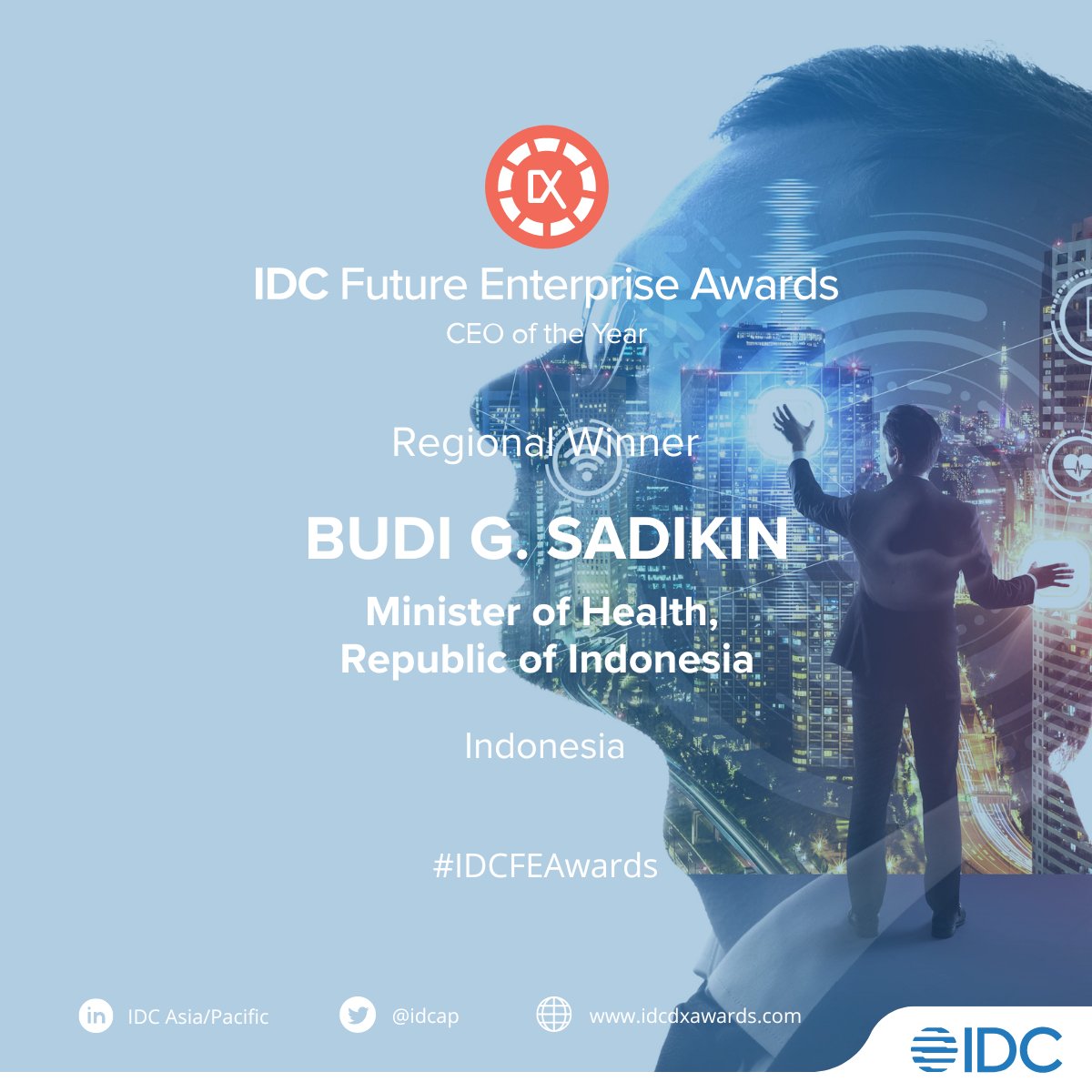 Minister Budi Gunadi Sadikin of <a href="/KemenkesRI/">Kementerian Kesehatan RI</a> has been named CEO of the Year at the #IDCFEAwards 2022 Asia/Pacific. Our heartfelt congratulations on the win! 

Visit bit.ly/IDCFEAwards2022 for more information on the awards and winning projects.

#FutureEnterprise