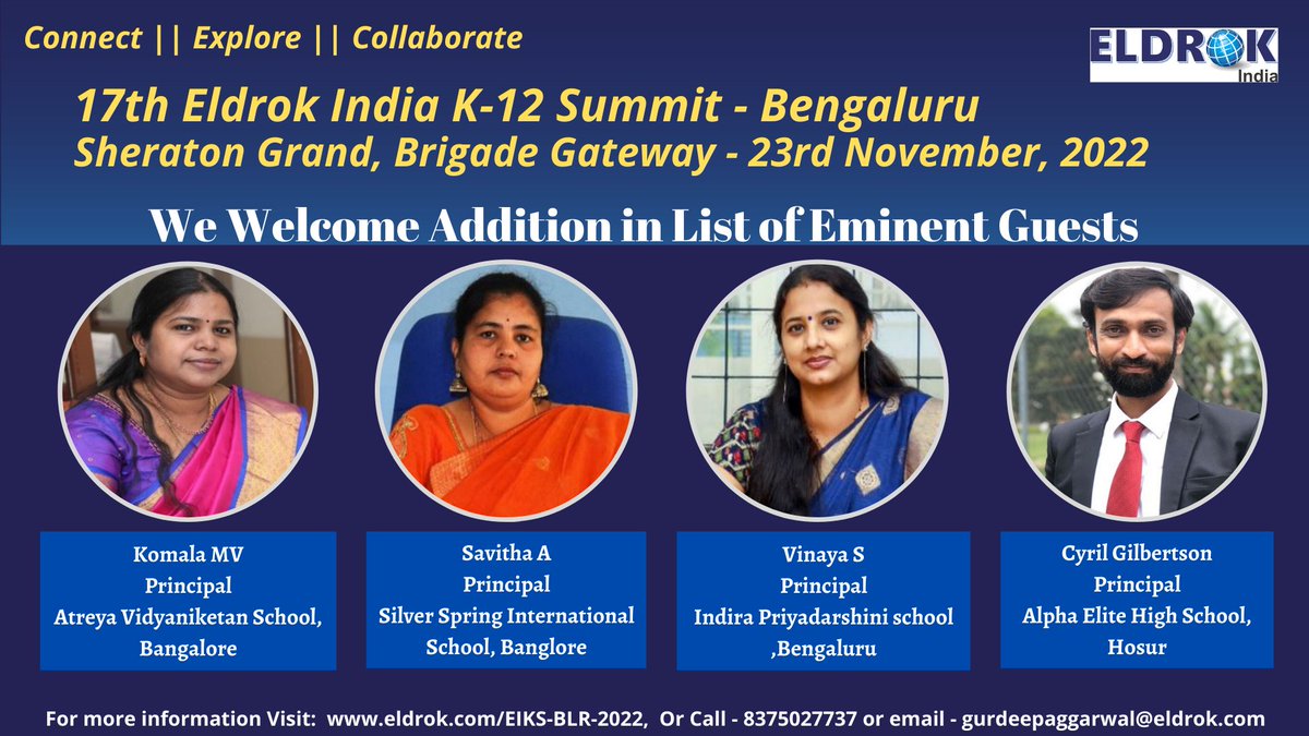 Eiksindia's tweet photo. We are delighted to have #KomalaMV #SavithaA #VinayaS #CyrilGilbertson at Eldrok India K-12 Summit || 23rd November 2022 || Sheraton Grand, Brigade Gateway - Bengaluru.
.
.
#eiks #eldrok #Principal #bengaluru #education
#erpsoftwaresolutions #sheratongrand #school #innovation https://t.co/EZeTpVdDwY
