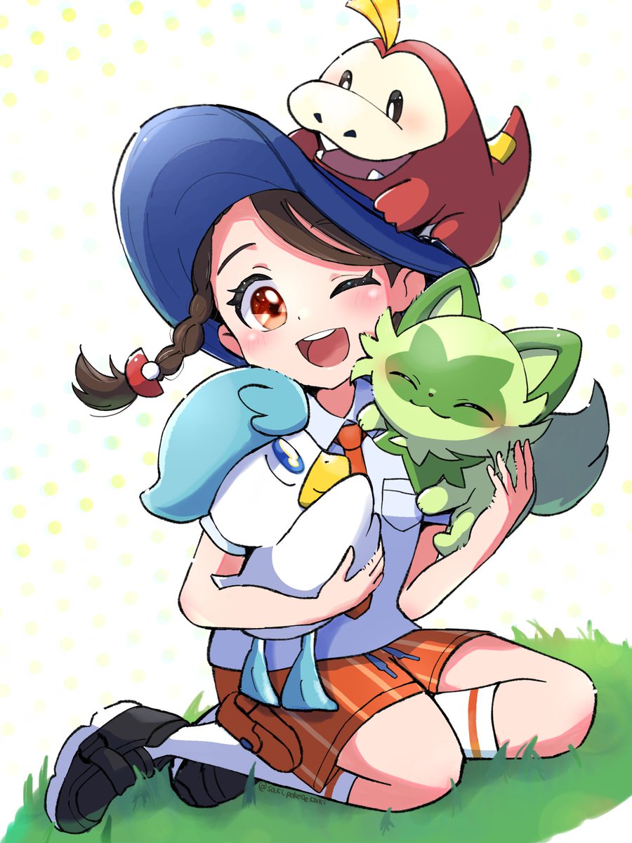 1girl pokemon (creature) one eye closed orange shorts school uniform orange necktie socks  illustration images