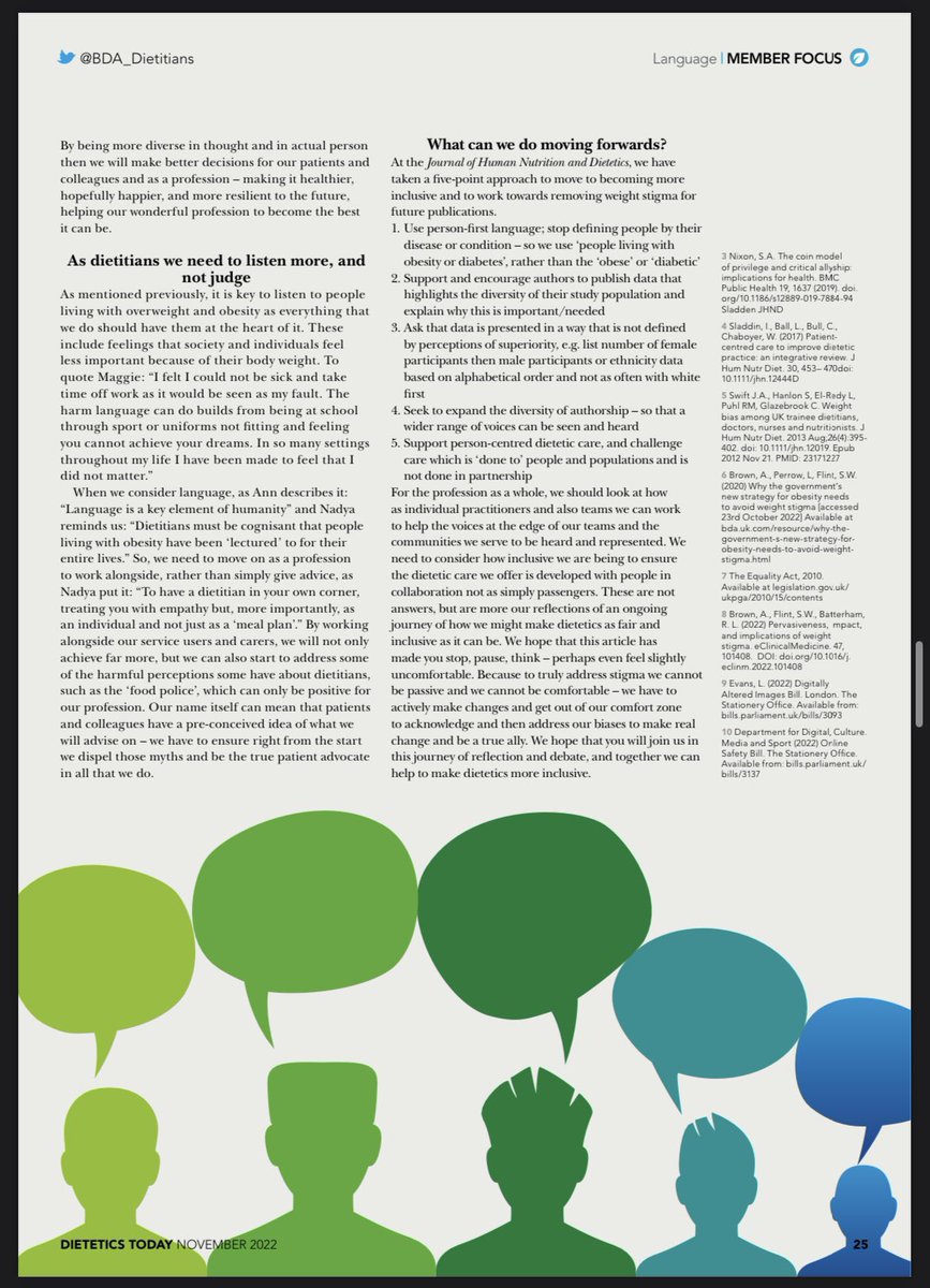 WOW! Chuffed our article on #weightstigma & inclusion getting the front cover of @BDA_Dietitians Dietetics Today

Fab BDA & @JHNDEditor are driving to eliminate stigma in dietetics & for the patient voice to be heard

Thanks Coauthors @DrDuaneRD @SusanPriceRD @HalaElShafie 🧵 1/4