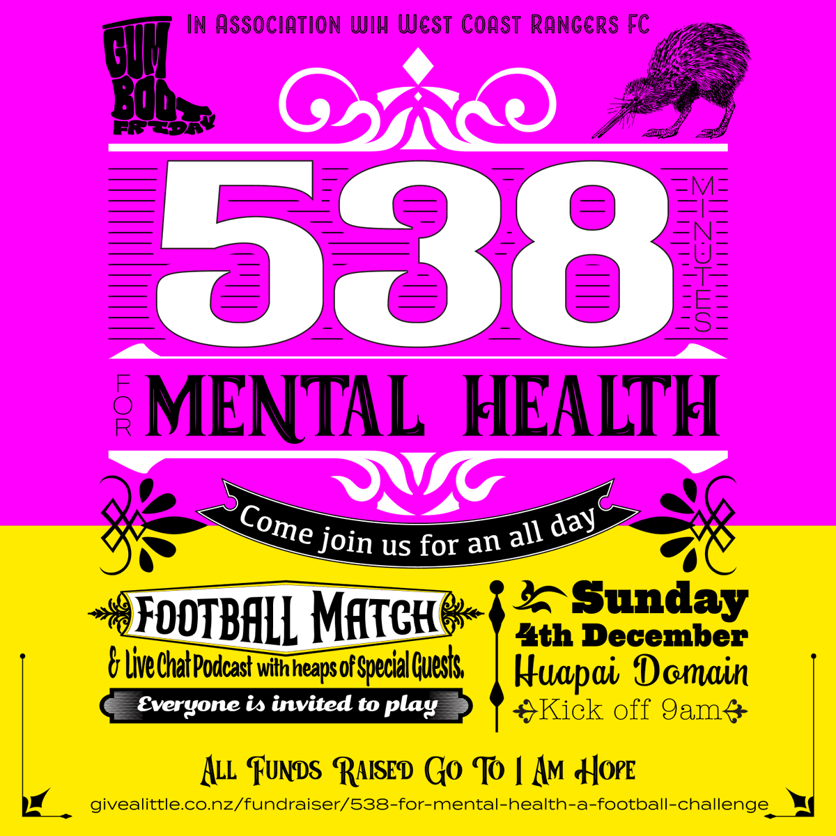 here at WCR we want to start the conversation about our mental health for our club &amp; community with 538 min of football &amp; live streamed podcast chat with inspirational kiwis 
come join in the fun 🖤💙🤍
more @ our website 👀
🗓 Dec 4
📌 Huapai Domain
⏰ 9-6pm
#528formentalhealth
