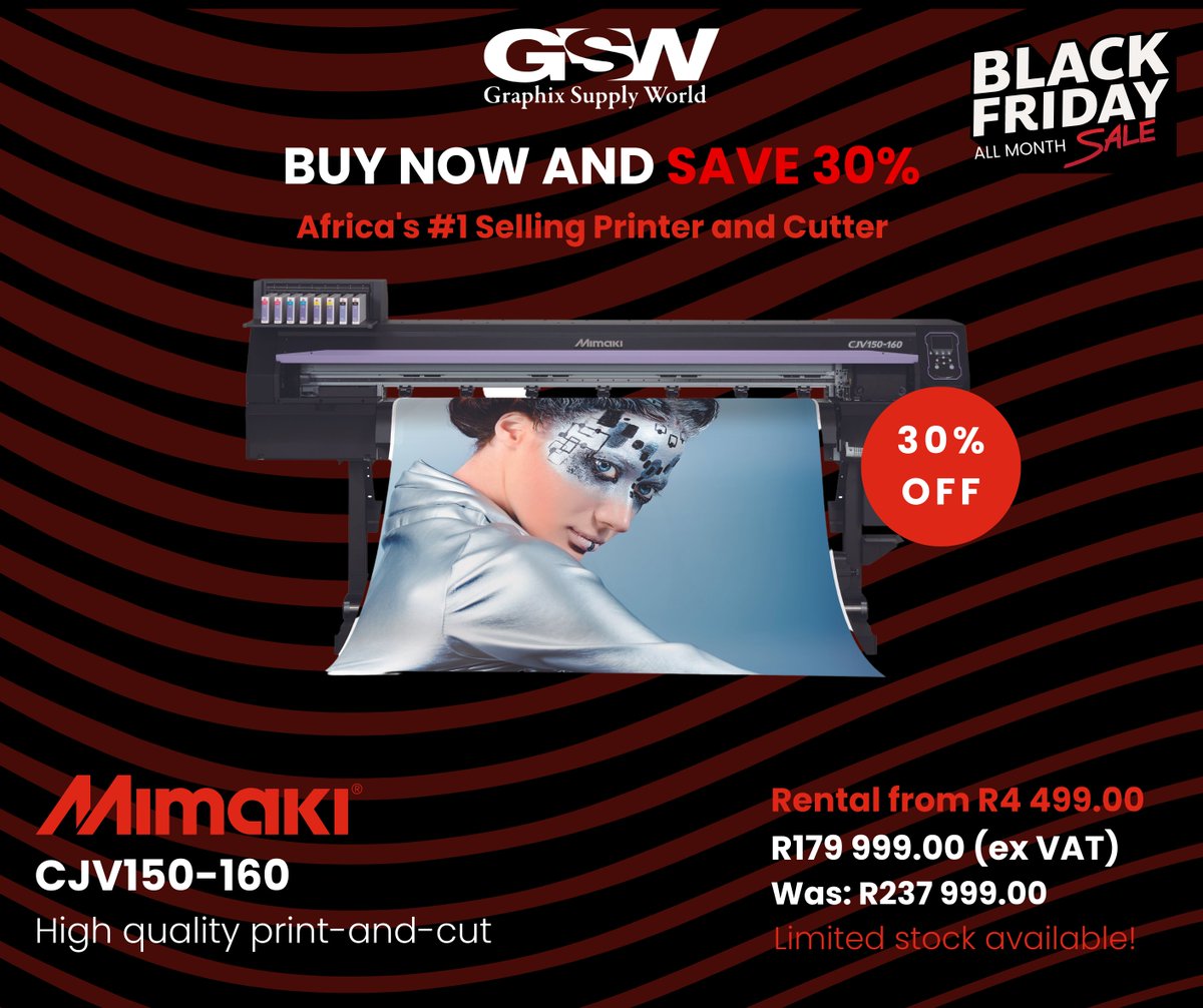 GraphixSupWorld's tweet image. In celebration of Black Friday month, #Mimaki have supplied us limited stock at deeply discounted prices.  Catch this UNBELIEVABLE Black Friday deal and save R58 000.00!  Limited stock available! Contact us today - gsw.co.za