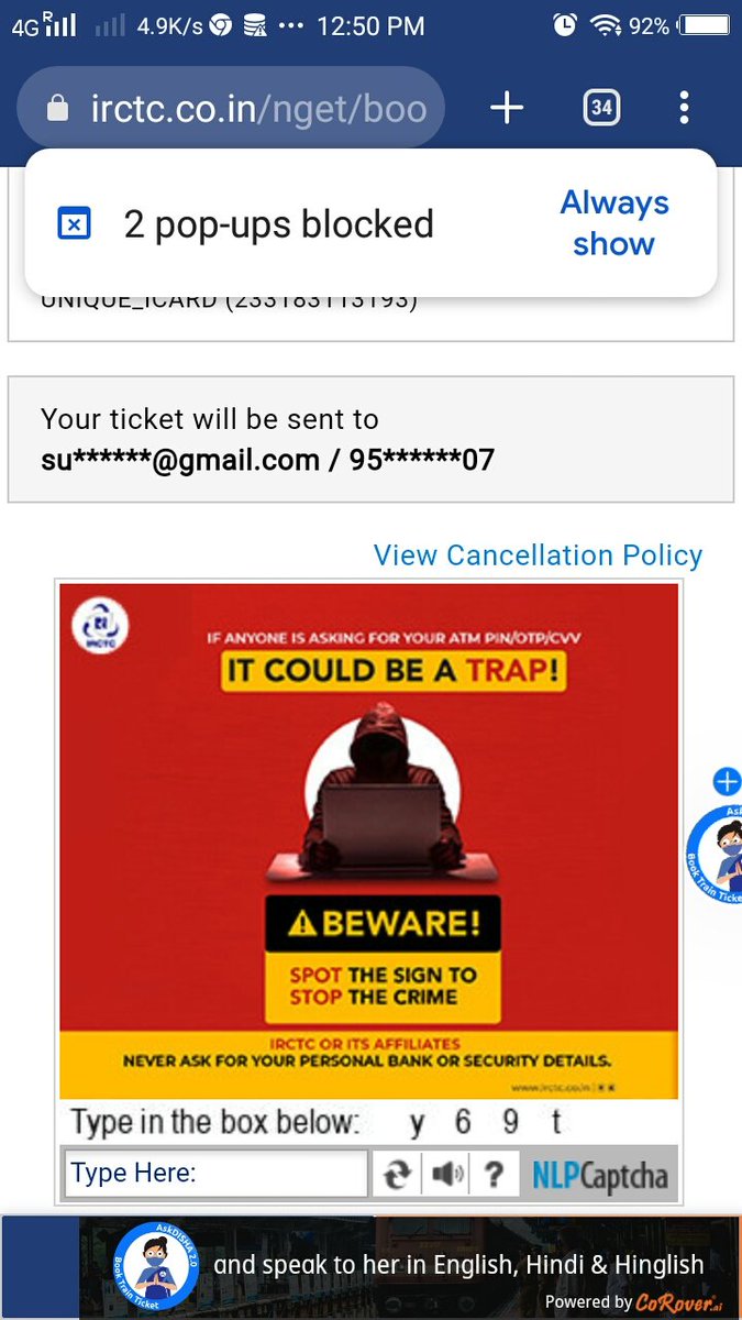 Vats2021T's tweet photo. Dear Sir @AshwiniVaishnaw  @RailMinIndia @IRCTCofficial  
Please hire some intelligent app/web developer.

Where to place add popup on website is not a rocket science its totally nonsense.

C my  screenshot and guide me how to click continue button which is behind advertisement. https://t.co/ACiQsHI5Jt
