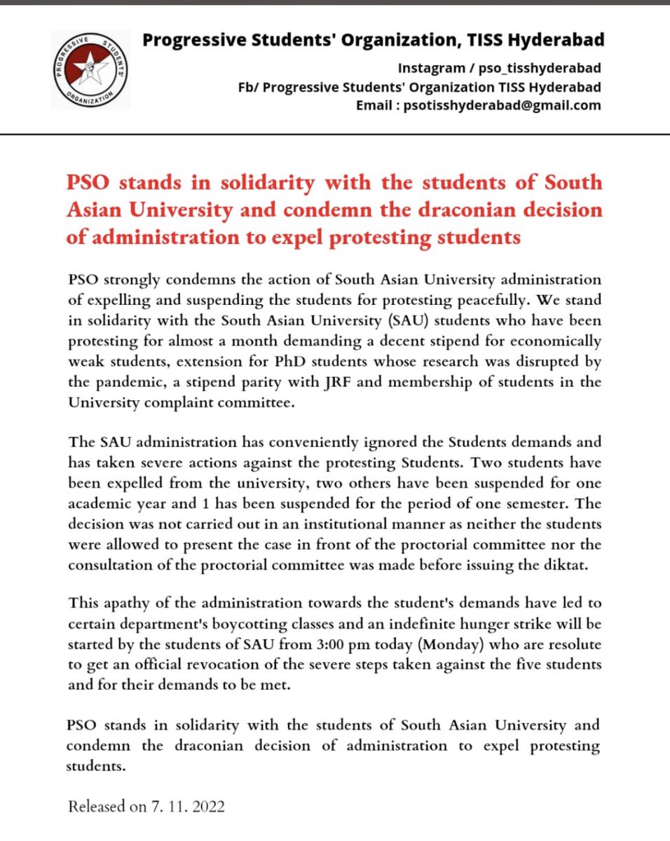 sau_united's tweet photo. Solidarity from TISS, Hyderabad #bangladesh #india #nepal #bhutan #maldives #afghanistan #Srilanka #bhutan #SAARC #SAU #ScholarshipMustRise
#StandWithSAU 
#takebackexpulsion #saujrfparity #SAUAdminSaramKaro
#IFoughtToo #SAUSOS #ndtv #newlaundary #quint #thewire https://t.co/NR4a2ul7NL