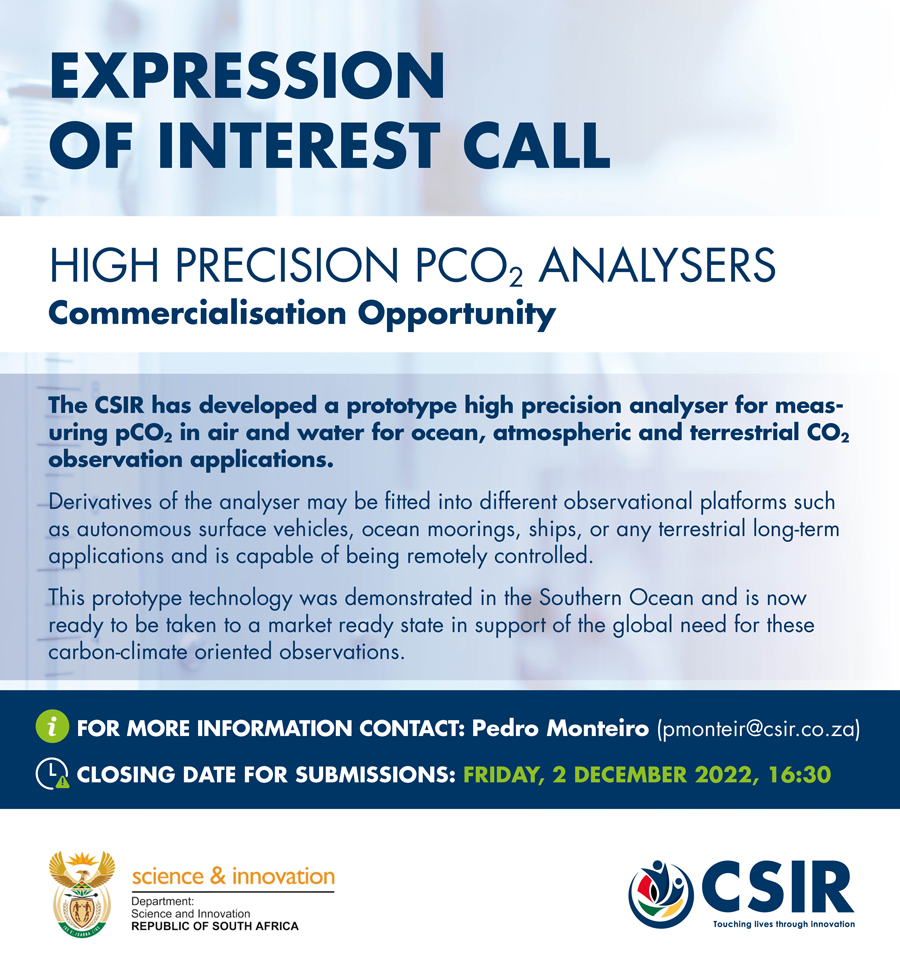 CSIR's tweet photo. Call for expression of interest (Eol):
Licensing opportunity for high precision pCO2 analysers
The closing date for applications is 2 December 2022
https://t.co/N3c0kbPLya https://t.co/TLYtG4ZtnE