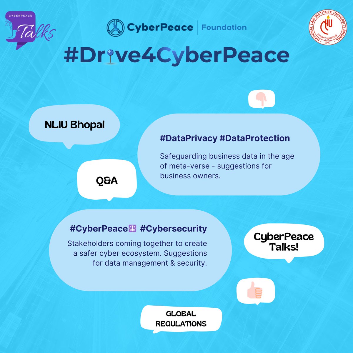 cyberpeacengo's tweet photo. Only a few hours left to register for #Drive4CyberPeace session on #DataPrivacy organised by #CyberPeace☮️ at @nliu_official on Nov 9 2022 from 3 pm onwards. 
Visit https://t.co/i0P2IBTJg4 and join now.

#CyberSecurity #DataProtection #CyberPeaceTalks #LawStudents https://t.co/fZPBdRA3MP