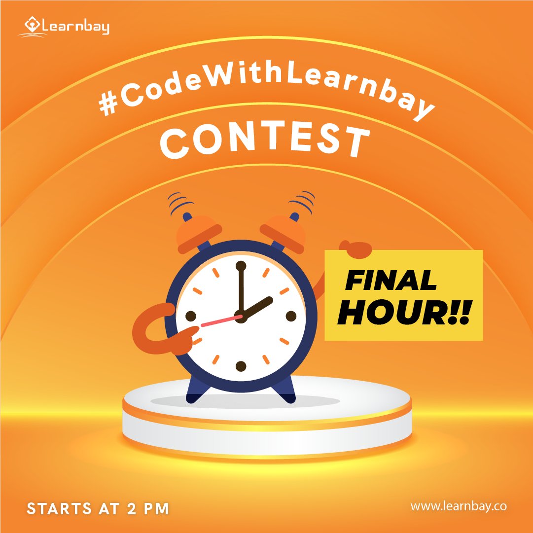 Time is ticking !
Its 1 pm, 1 hr left for the #CodeWithLearnbay #contest to kickstart. Participate &amp; win exciting Amazon GVs.
The contest starts 2 pm 
Get ready!
#ContestAlert #ContestAlertIndia #Contest
 <a href="/Contest_Hub/">Contest India</a>  <a href="/indiContest/">Contest Alert</a>  <a href="/Contest_in/">Contest_In</a>