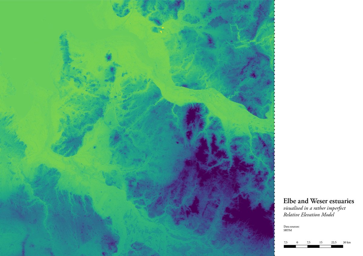 JanFries9's tweet photo. #30DayMapChallenge 
Late day 7: Raster
A (somewhat unfinished) REM of the Weser and Elbe estuaries in Northern Germany. Just because I think it's fascinating and beautiful.

#turningthetide
Thanks for the tutorial to @geo_coe https://t.co/Jjs13xcENY