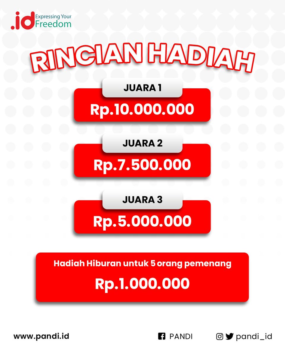 Pandi_ID's tweet photo. Raih kesempatan meraih hadiah dengan total hadiah senilai Rp 27.500.000
Untuk info lebih detil mengenai syarat dan ketentuannya baca baik-baik di postingan berikut ya!
#PANDI
#BanggaPakaiID
#DomainIndonesia
#DomainID
#LombaWeb
#LombaWebDesign
#ShowYourBIZIDea https://t.co/dbEUHKR4cJ