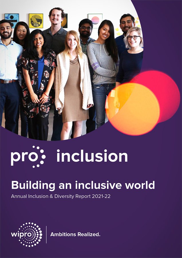 . @Wipro's annual inclusion and diversity report is now available. Building an Inclusive World shares updates on key #diversity and #inclusion initiatives at Wipro, as well as insights and experiences from 2021-22. Read the full report here: bit.ly/3oypA0C #OneWipro #DEI
