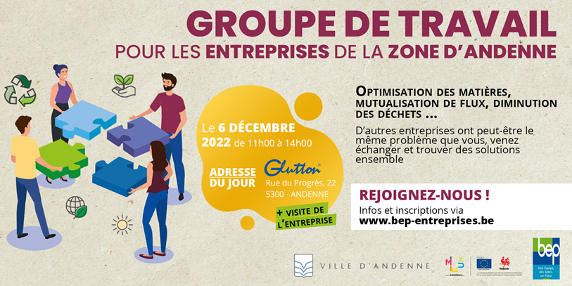 promAndenne's tweet photo. Le 6 décembre, le BEP et la Ville d'Andenne vous propose un atelier d’échange pour analyser les opportunités de synergies entre les entreprises d’Andenne.  Vous aurez également la possibilité de visiter l’entreprise Glutton  ! 
Infos et inscriptions -> https://t.co/TFRlVJUPyk https://t.co/wdRIdfzjOD