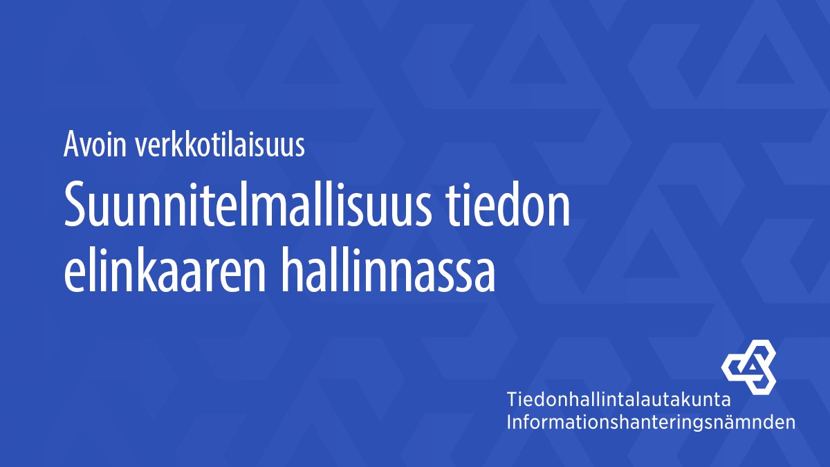 Tiedonhallintalautakunta järjestää kaikille avoimen verkkotilaisuuden suunnitelmallisuudesta tiedon elinkaaren hallinnassa.  Tilaisuuteen ei tarvitse ilmoittautua etukäteen.

📆 ke 9.11.2022 klo 13.00-15.30
📌Teams
📎 Lisätietoja: vm.fi/tapahtumat/202… 

#Tiedonhallinta